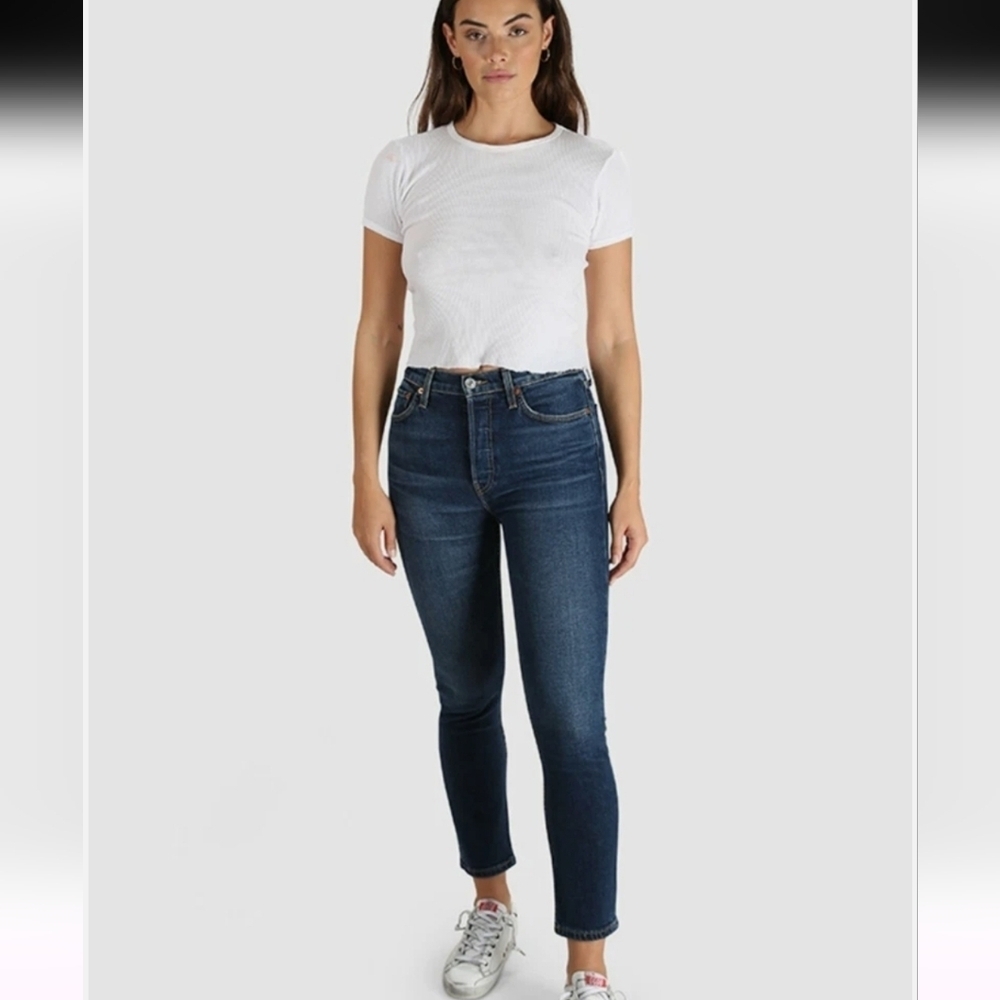 RE/DONE Midnight Blue High-Rise Slim-Fit Stretch Ankle Crop 5-Pocket Jeans Sz 25